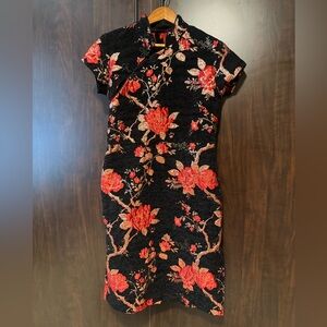Elegant Black & Red Floral Brocade Cheongsam Qipao Dress